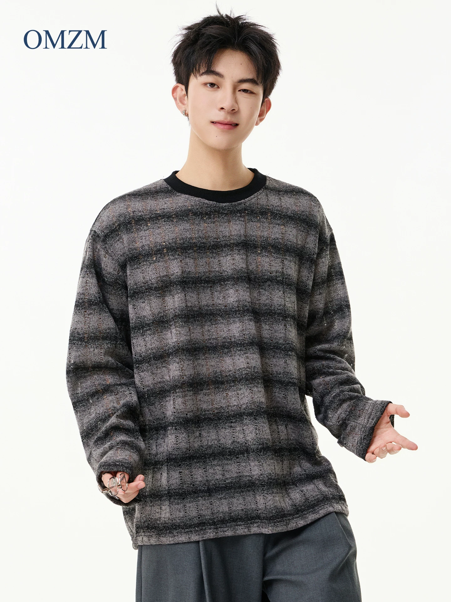 Áo len cổ tròn sọc OMZM dành cho nam, áo sơ mi lớp trong phối màu cổ điển kiểu Mỹ mùa thu đông, áo len dệt kim cao cấp kiểu cũ