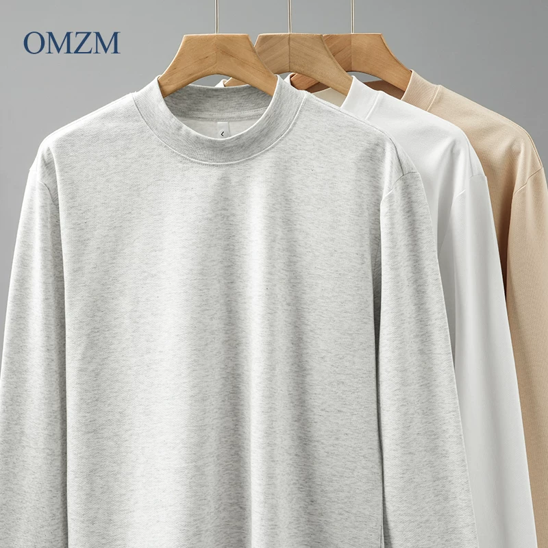 Áo thun tay dài cổ lọ nửa cao, chất liệu dày dặn 270G kiểu Mỹ, dành cho nam và nữ, mẫu mới xuân 2025, màu trơn, áo lót cổ trung bình.