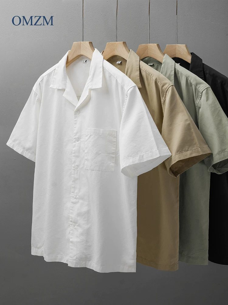 OMZM Celar Tencel Áo sơ mi ngắn tay cổ Cuba dành cho nam và nữ, áo khoác sơ mi trắng không cần ủi chống nhăn mùa hè