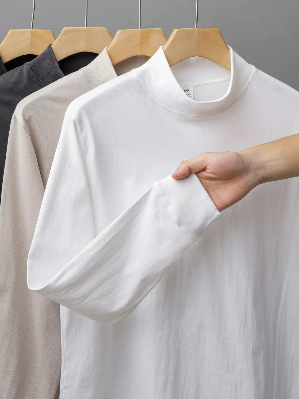 Áo thun cổ cao nửa cổ bằng cotton nguyên chất hạng nặng 270G dành cho nam, áo len dài tay cổ trung mùa thu đông, áo sơ mi lớp nền màu trơn rộng rãi