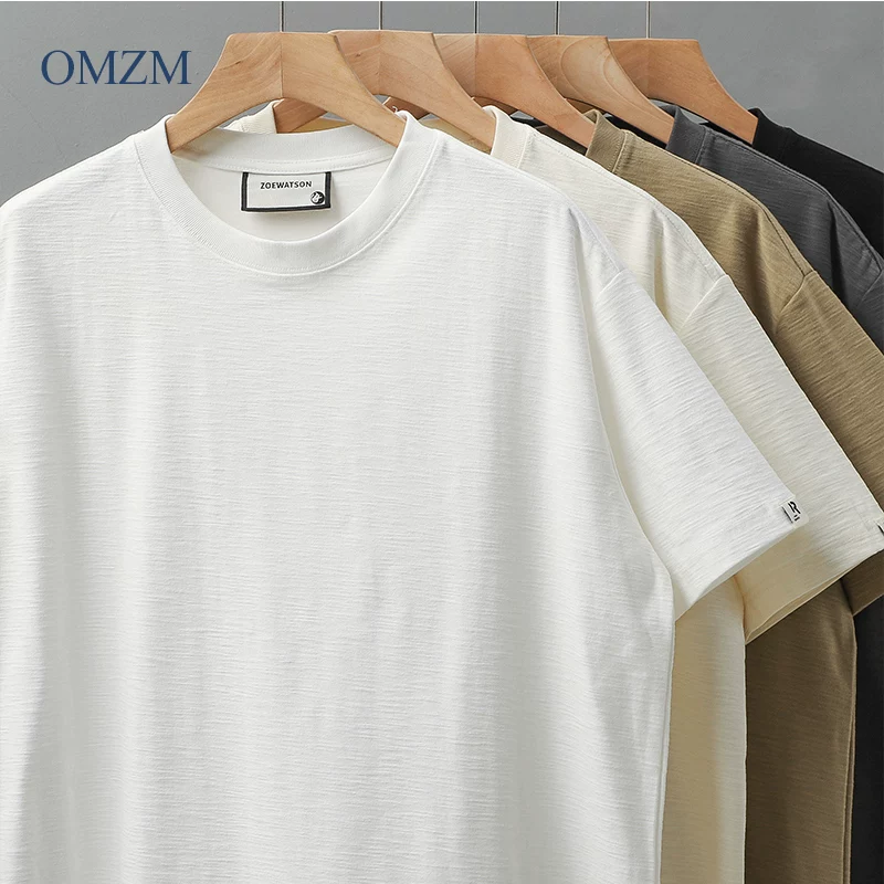 Áo thun nam tay ngắn chất cotton dày dặn 340g kiểu Mỹ cổ điển, mùa hè chất liệu cotton nguyên chất cổ tròn màu trắng tinh khiết phong cách núi non nửa tay