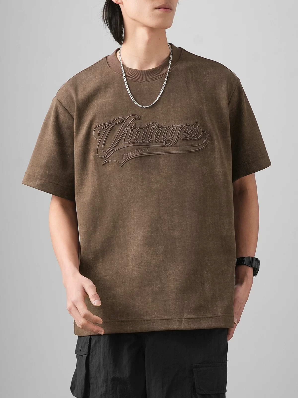 Áo thun nam tay ngắn chất liệu dày 400G, kiểu dáng mùa hè, phong cách retro Mỹ, thêu chữ, cổ tròn, dáng rộng, tay lửng