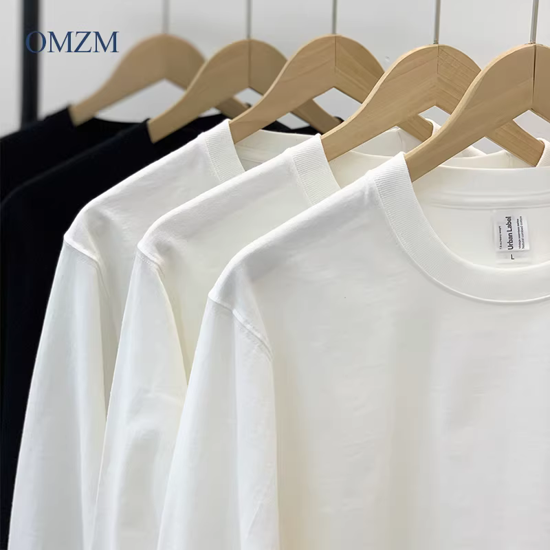 Áo thun dài tay hạng nặng 280g kiểu Mỹ dành cho nam, chất liệu cotton nguyên chất, dày và không lộ, dáng rộng, áo sơ mi màu trắng tinh khiết, áo nỉ cho mùa thu đông.