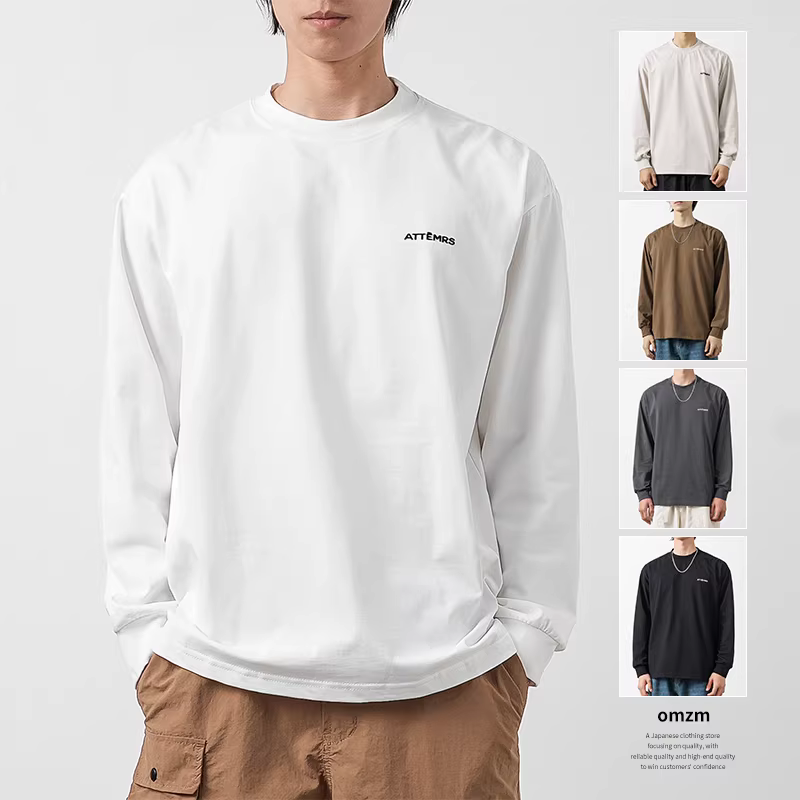 Áo thun dài tay hạng nặng 300G phong cách Mỹ của OMZM dành cho nam, áo len cổ tròn in chữ thương hiệu hợp thời trang mùa thu, áo sơ mi dáng rộng