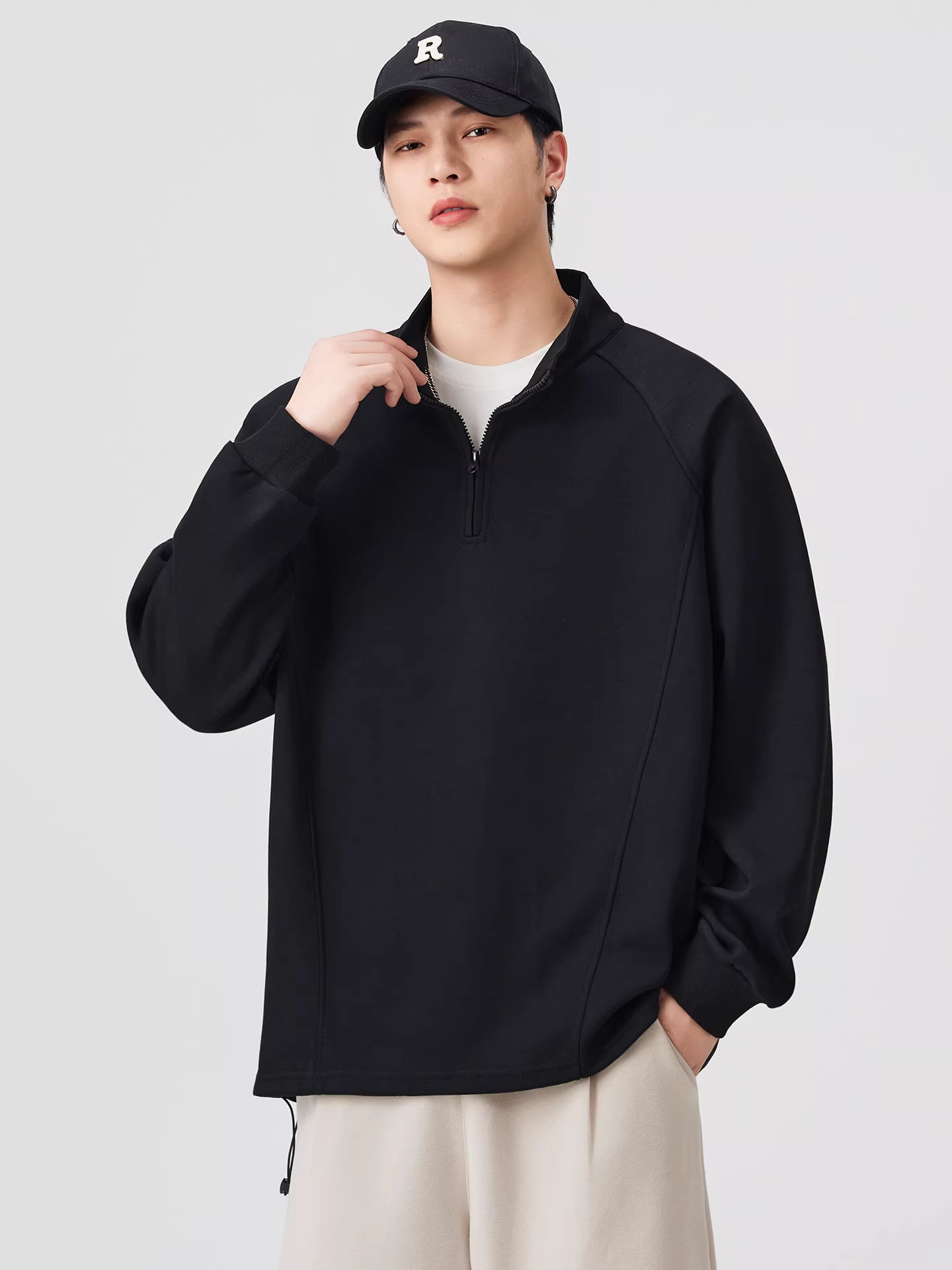 Áo nỉ nửa khóa kéo hạng nặng OMZM420G dành cho nam, áo sơ mi dài tay cổ đứng dáng rộng mùa thu, áo khoác chắp vá phong cách Mỹ