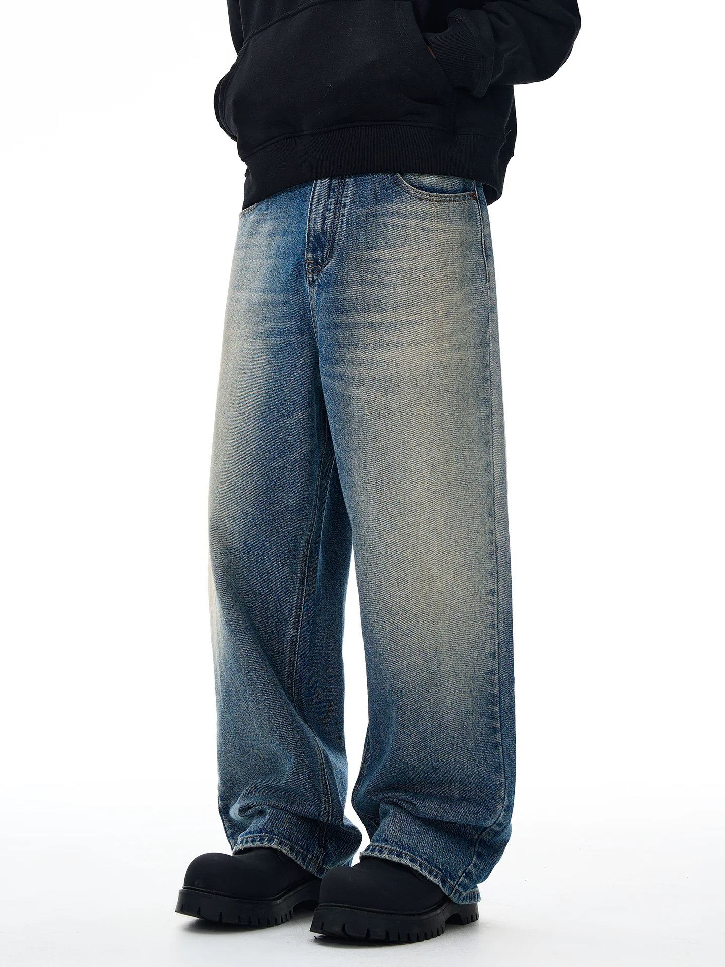 Quần jeans nam OMZM màu xanh retro, giặt mài, mùa đông 2025, kiểu dáng mới, ôm vừa vặn, ống rộng, dài chạm sàn, phong cách thường ngày