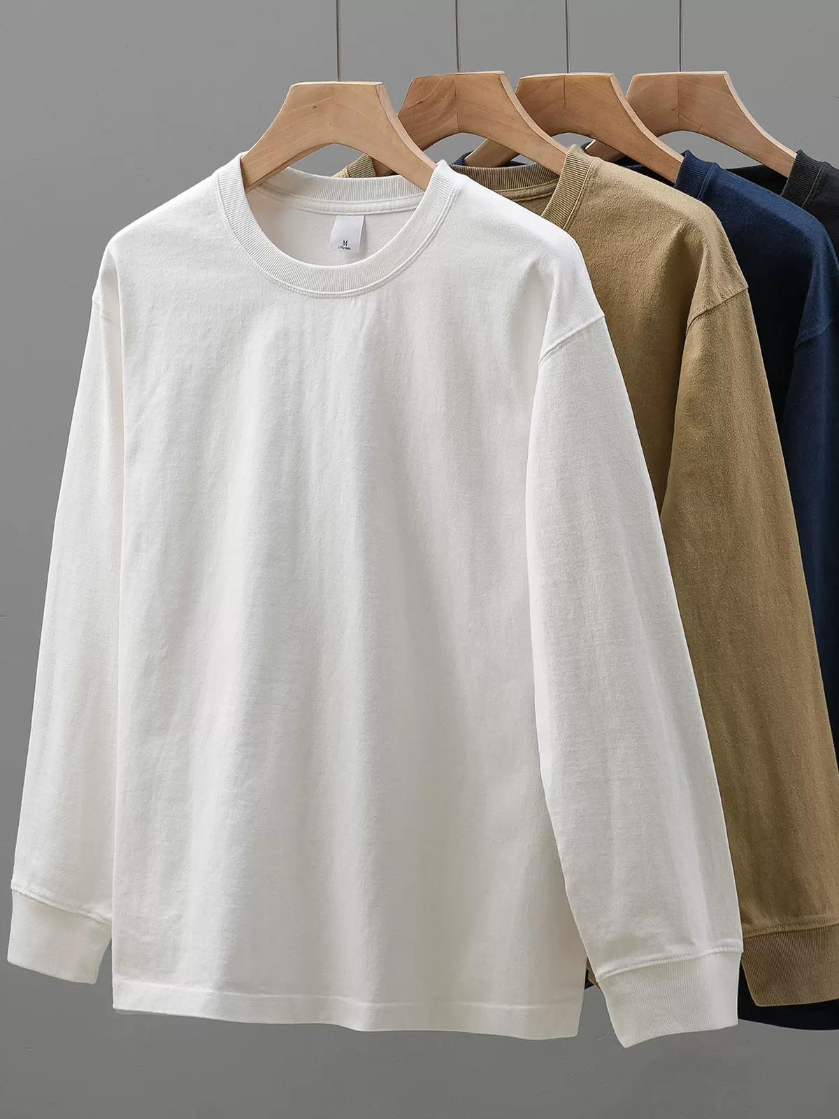 Áo thun dài tay hạng nặng OMZM400g dành cho nam, áo len cổ tròn dáng rộng mùa xuân, chất liệu cotton nguyên chất, màu trắng tinh khiết, áo sơ mi cổ nhỏ