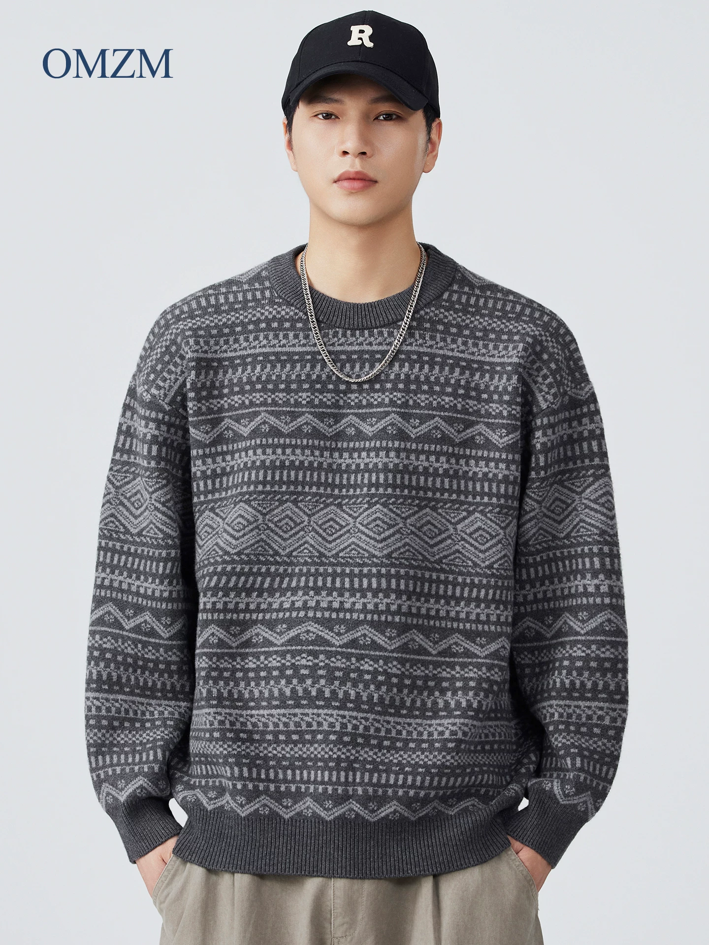 Áo len dệt kim OMZM Fair Isle dành cho nam, Áo len cổ điển kiểu Mỹ nặng 800G mùa thu, Áo len cổ tròn kiểu Jacquard rộng rãi.