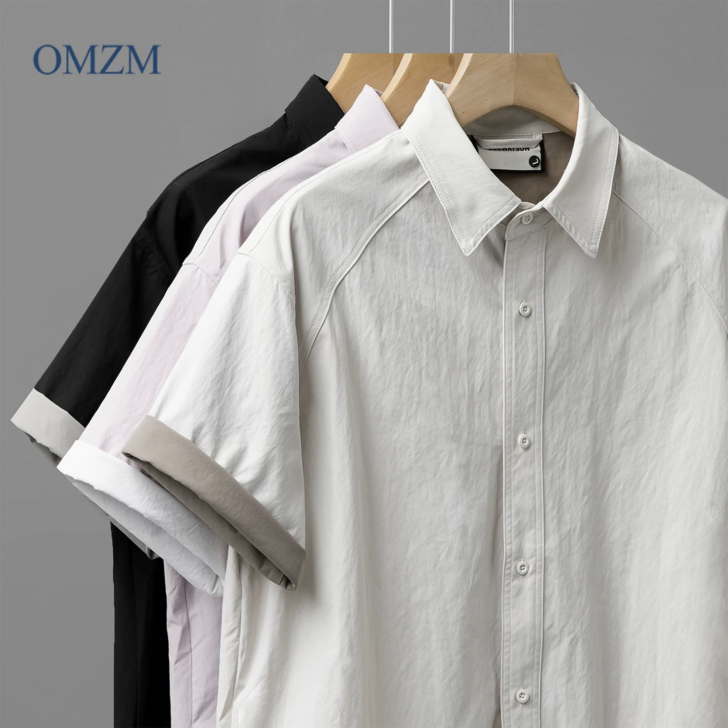 Áo sơ mi ngắn tay màu sắc phối hợp mát mẻ OMZM dành cho nam, áo sơ mi tay raglan dáng rộng cao cấp phong cách Mỹ mùa hè, áo khoác nửa tay