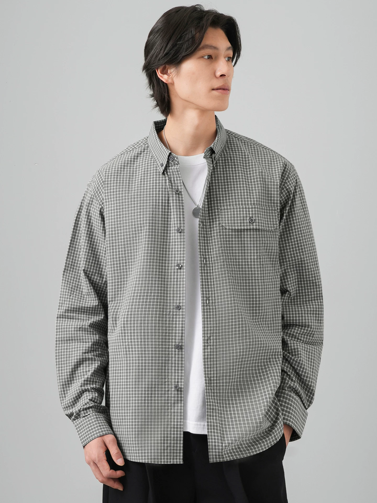 Áo sơ mi kẻ sọc cotton nguyên chất OMZM dành cho nam, áo sơ mi dài tay dáng rộng phong cách Nhật Bản mùa thu, áo khoác kẻ sọc màu xanh phong cách lười biếng