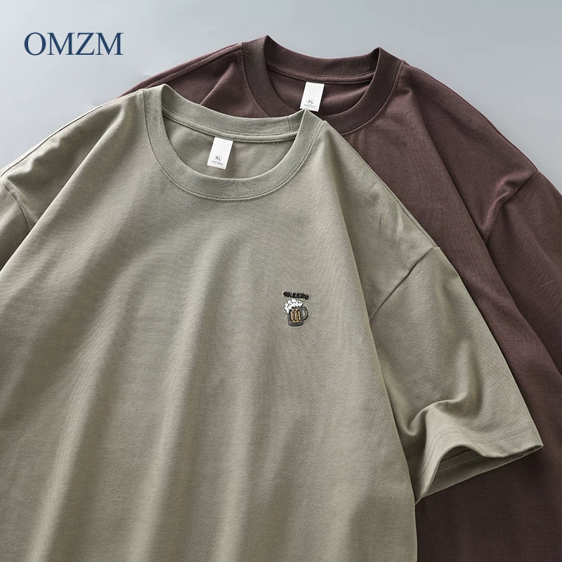 Áo thun thêu cotton nguyên chất hạng nặng OMZM dành cho nam ngắn tay mùa hè dáng rộng cỡ lớn Áo thun cổ tròn dành cho thanh thiếu niên và học sinh nửa tay