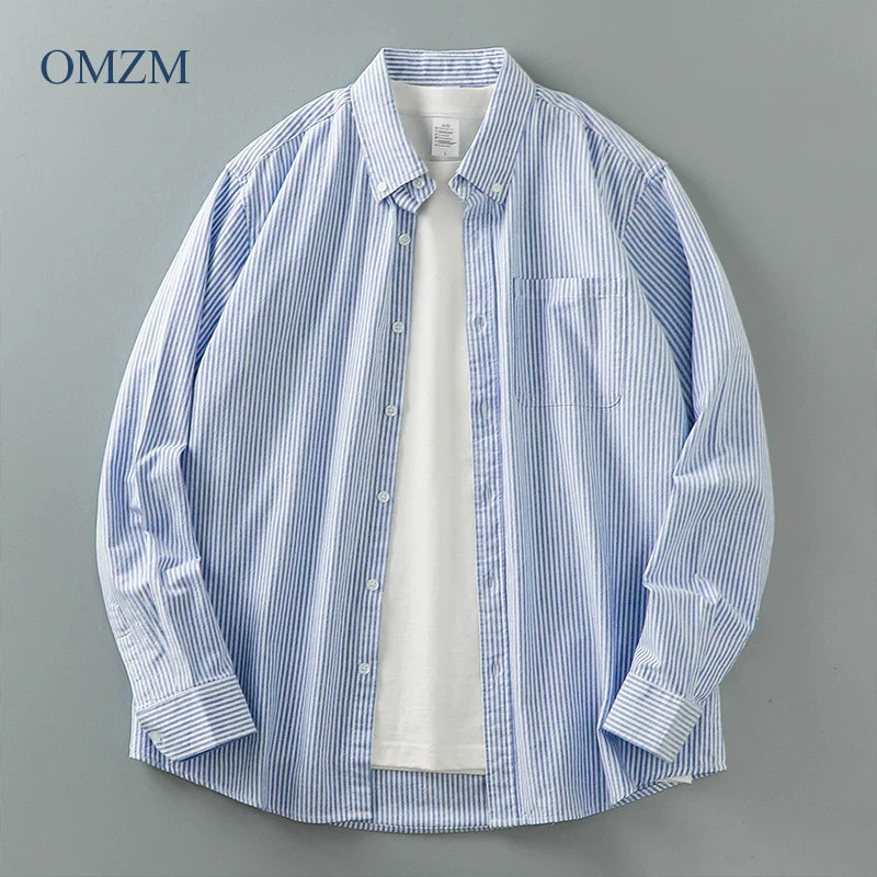 Áo sơ mi sọc hạng nặng kiểu Mỹ dành cho nam, dài tay, mùa thu, cảm giác cao cấp, phong cách giản dị Nhật Bản, phong cách giản dị kiểu muối, áo khoác mỏng