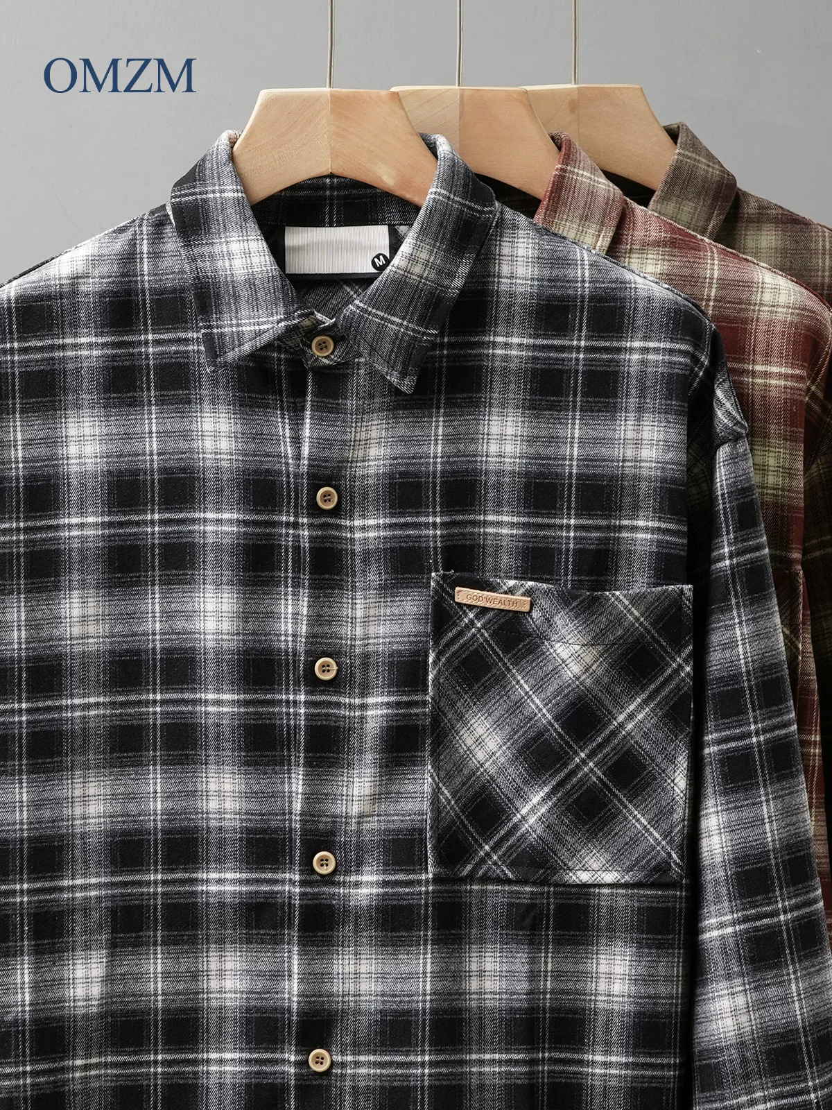 OMZM hạng nặng flannel kẻ sọc dài tay áo sơ mi nam mùa thu Mỹ retro áo sơ mi giản dị áo khoác công sở áo khoác