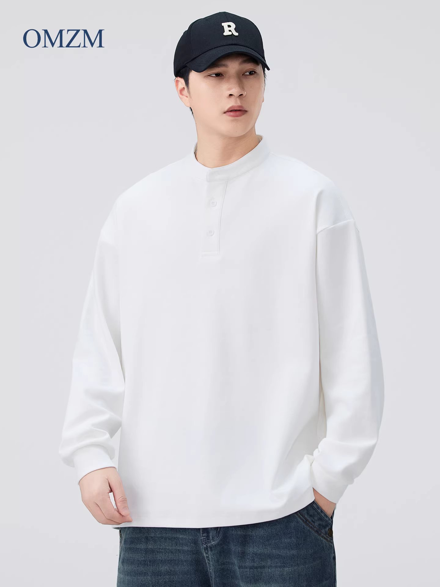 Áo thun dài tay cổ henley hạng nặng OMZM320G dành cho nam, áo len dáng rộng kiểu cổ điển Mỹ mùa thu có lớp nền chải carbon