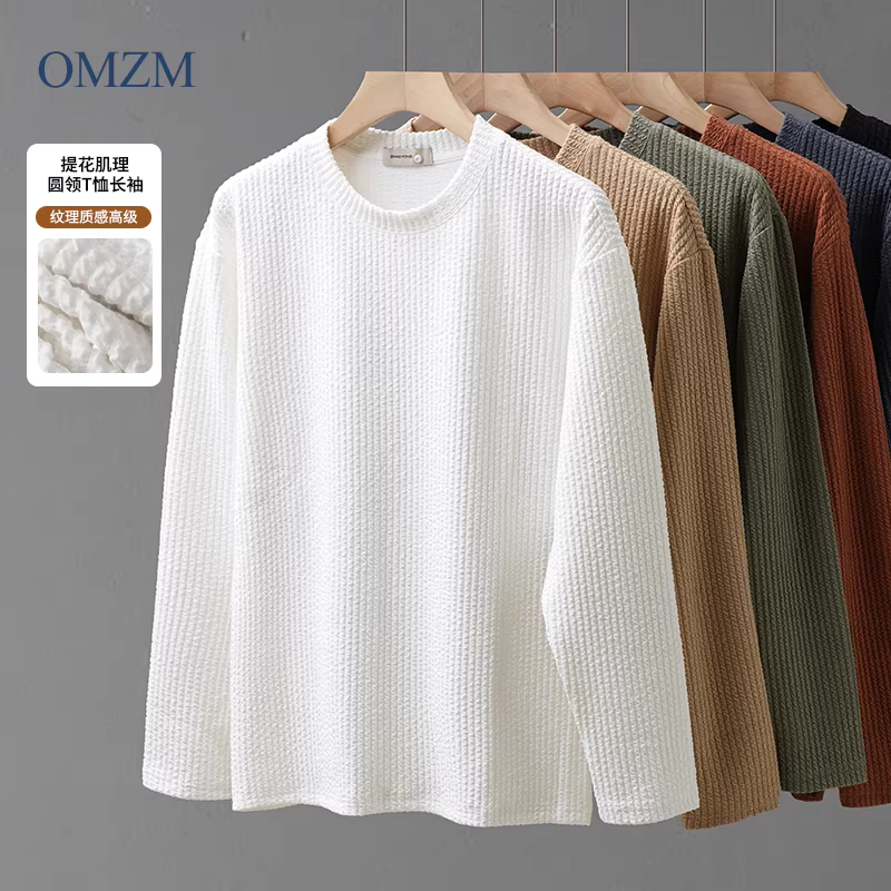Áo thun nam OMZM chất liệu dày dặn tay dài, áo sweatshirt cổ tròn rộng rãi mùa thu 2024, áo lót màu trắng tinh khiết.