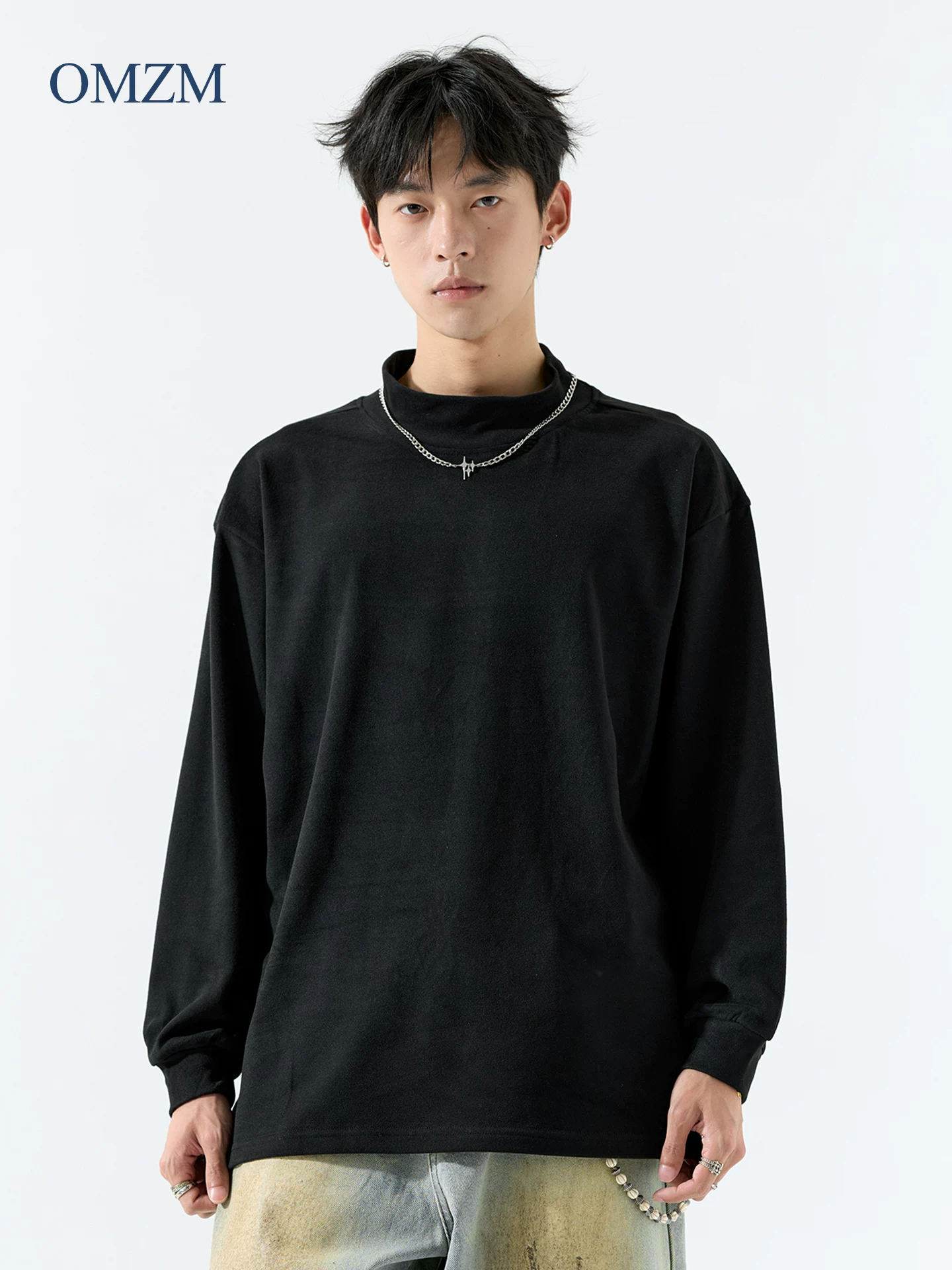 Áo thun dài tay cổ cao hạng nặng OMZM300G dành cho nam, áo sơ mi giữ nhiệt màu trơn mùa thu, áo lót ấm áp cho mùa thu.