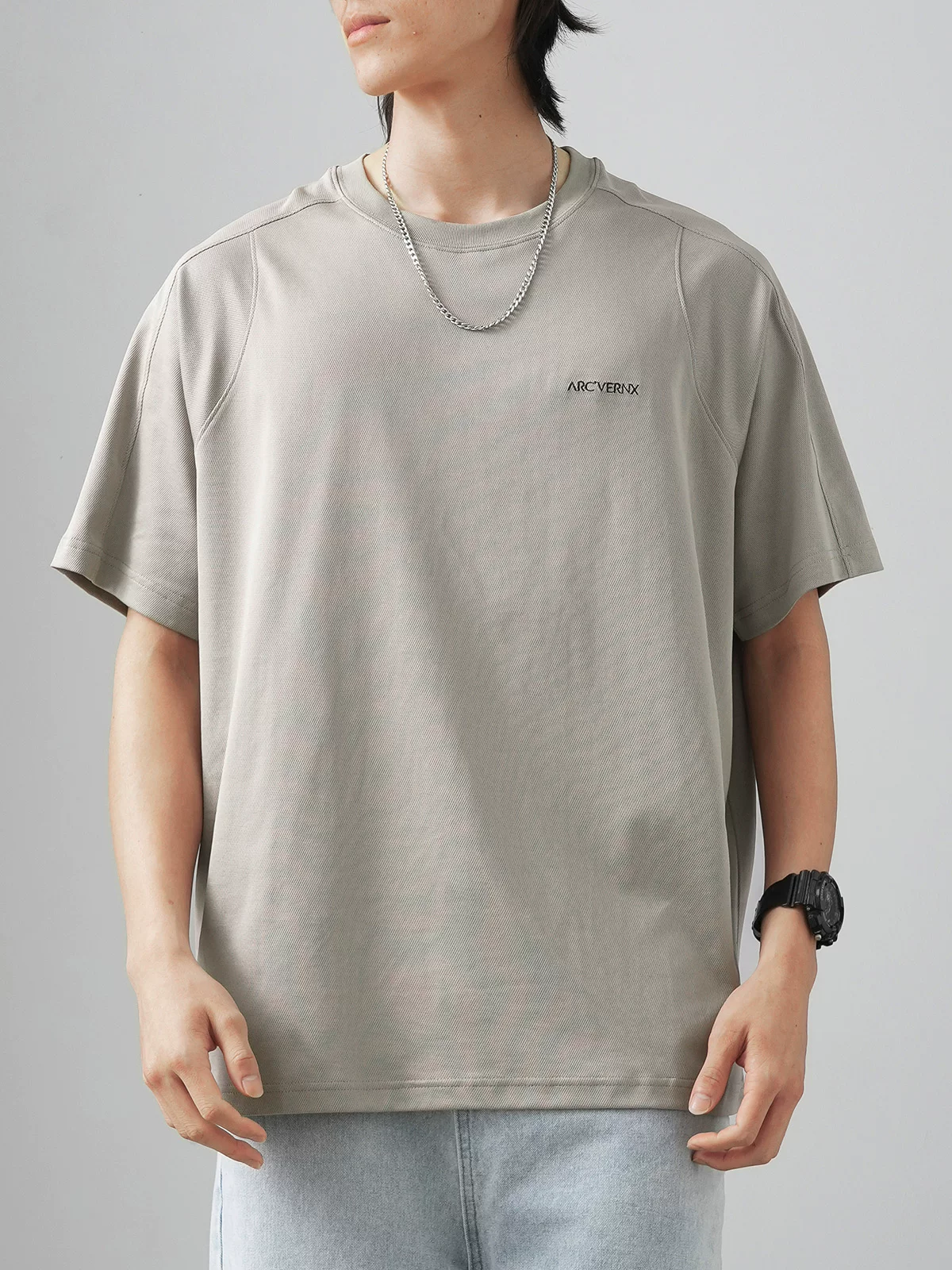 [Mesh Breathable T] Áo thun nam kiểu Mỹ bằng vải lụa băng nhanh khô, tay ngắn, kiểu dáng mùa hè mỏng, thêu chữ trẻ trung nửa tay