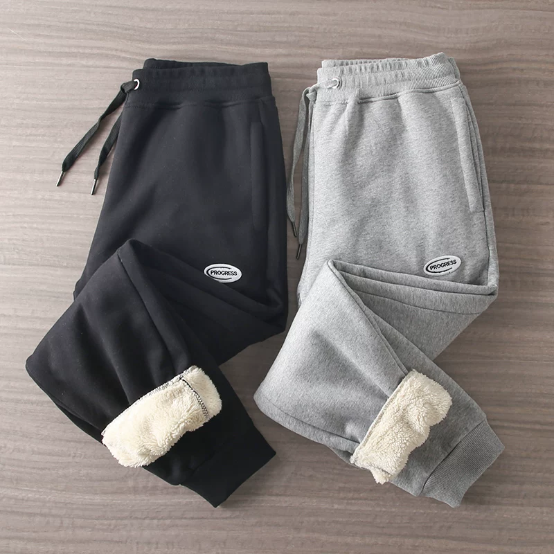 Quần jogger nam chất liệu giả lông cừu dày dặn kiểu Mỹ, 400G, lót lông cừu giữ ấm mùa đông, quần thể thao ống côn ấm áp, phong cách thường ngày