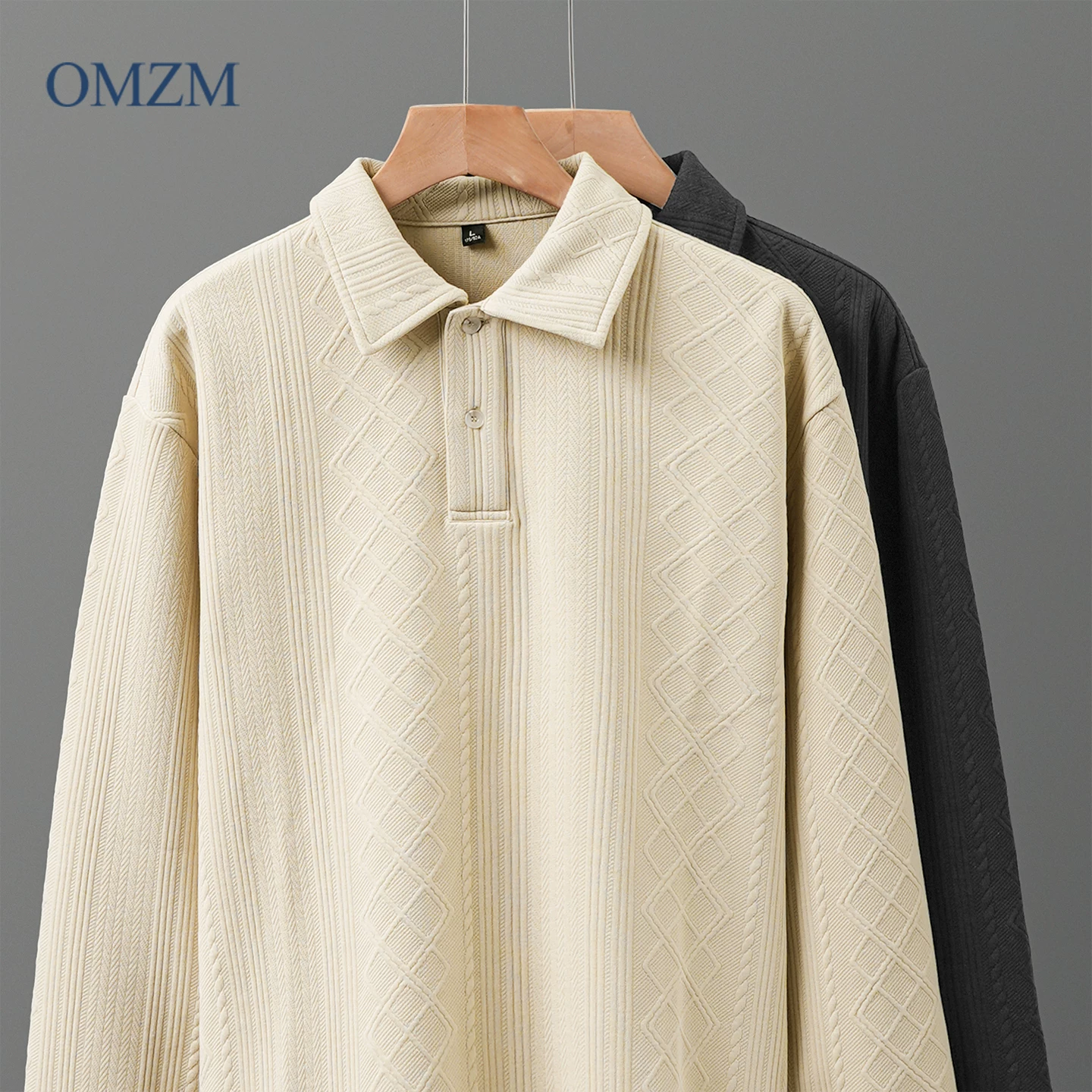 Áo polo nam OMZM300G chất liệu dày dặn, tay dài, kiểu dáng thu đông phong cách Mỹ, màu trơn, cổ áo rộng, kiểu áo sweatshirt.