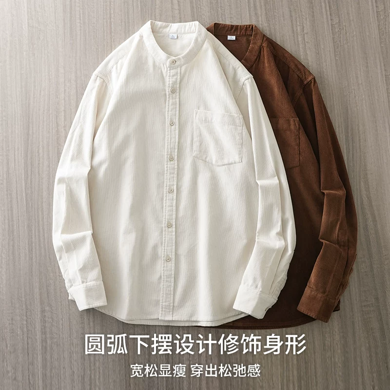 Áo sơ mi vải nhung dày 350G dành cho nam, dài tay, phong cách xuân thu, áo sơ mi cotton nguyên chất cổ điển kiểu Mỹ, áo khoác cổ đứng phong cách Trung Quốc mới