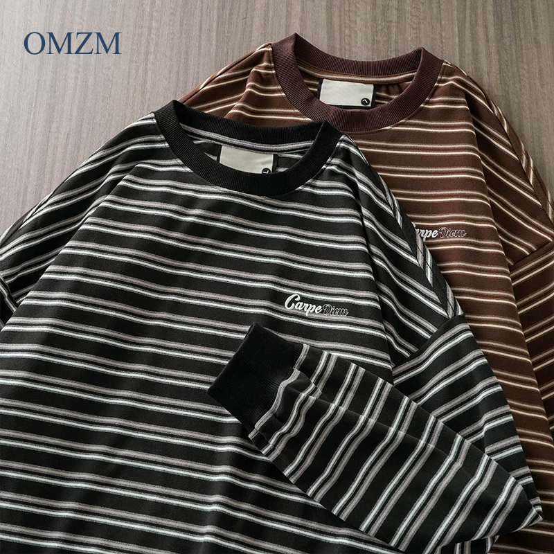 Áo thun dài tay sọc nhung dày OMZM dành cho nam, áo len cổ tròn dáng rộng mùa đông 2024, áo lót dày dặn và ấm áp, hợp thời trang.