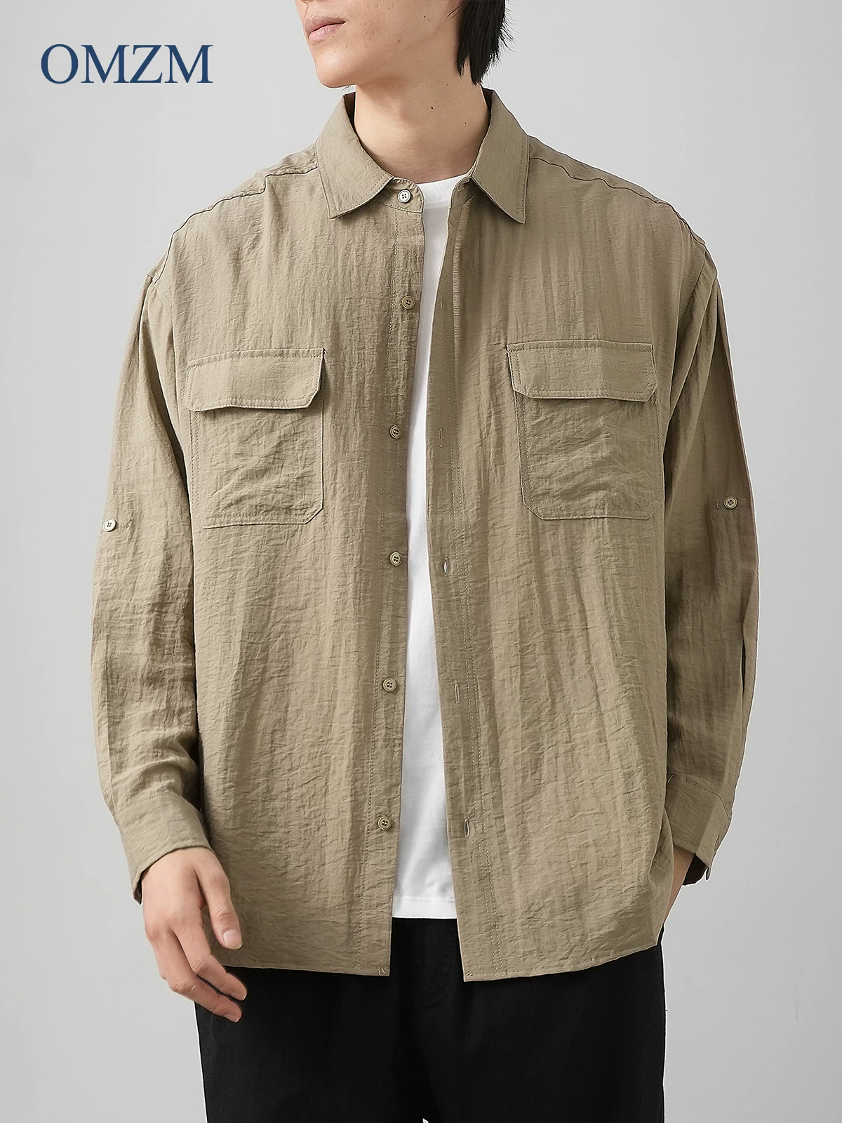 OMZM nhẹ công sở áo sơ mi vải lanh nam dài tay mùa thu áo sơ mi cotton-linen mỏng phong cách Nhật Bản áo khoác dáng rộng giản dị
