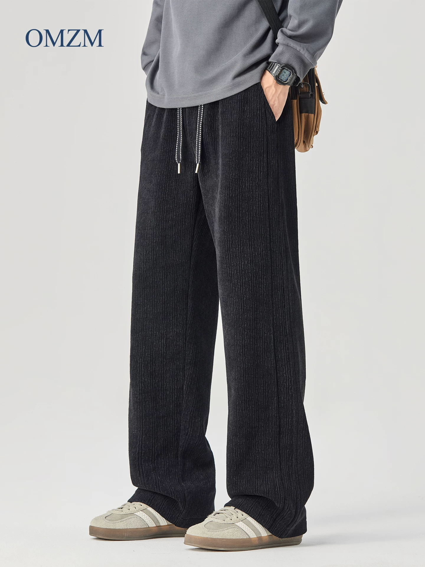 Quần âu dáng thẳng hạng nặng kiểu Mỹ của OMZM dành cho nam, quần ống rộng họa tiết jacquard mùa thu đông, quần dài thể thao thường ngày