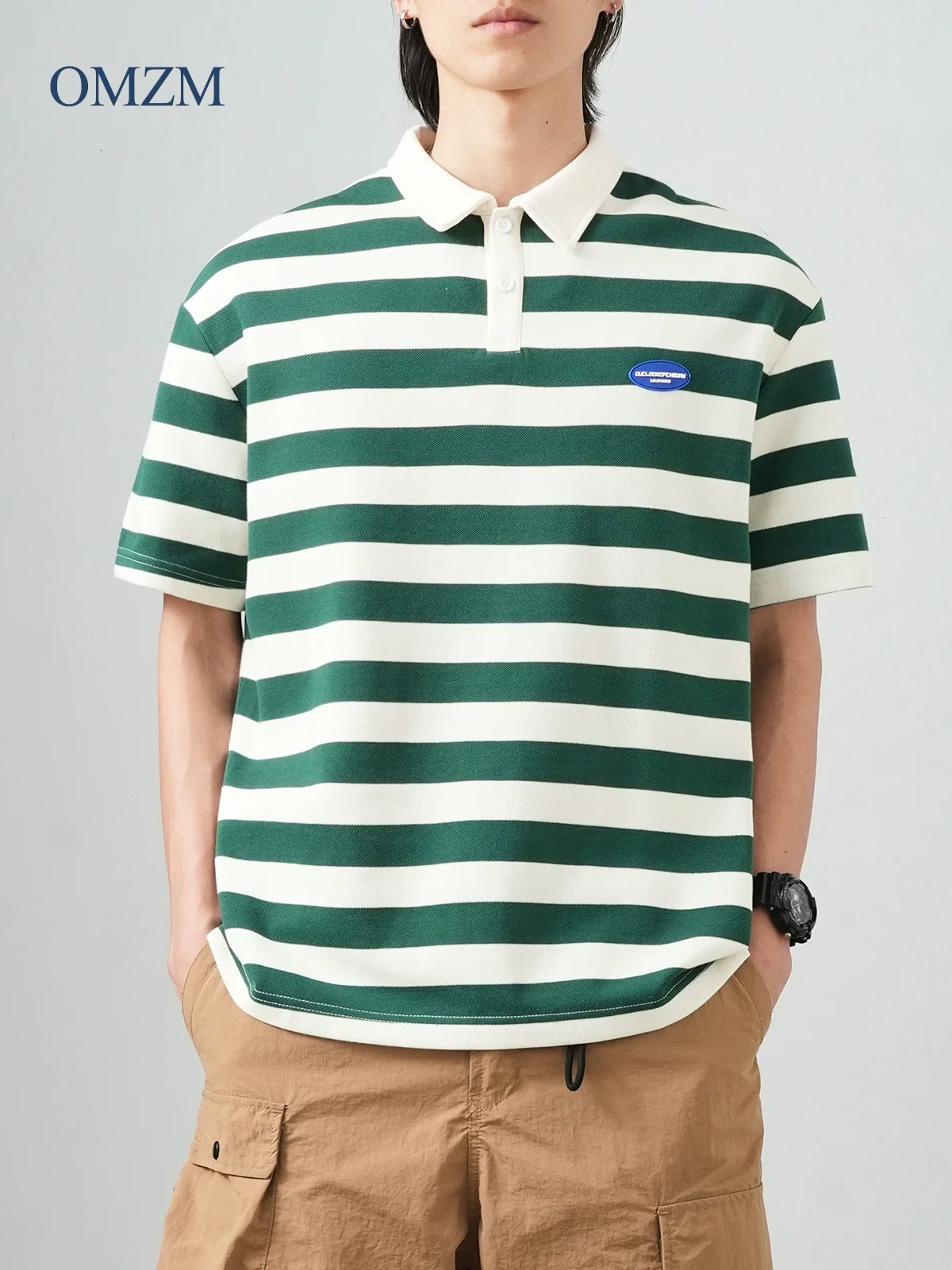 【Piqué Cotton】Áo polo sọc nặng cân dành cho nam, tay ngắn, dáng rộng mùa hè, áo thun cổ bẻ, áo polo nửa tay phối màu.