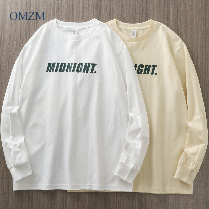 OMZM Áo thun dài tay hạng nặng 260G phong cách Mỹ dành cho nam, áo sơ mi in chữ cotton nguyên chất mùa xuân thu, áo nỉ cổ tròn dáng rộng