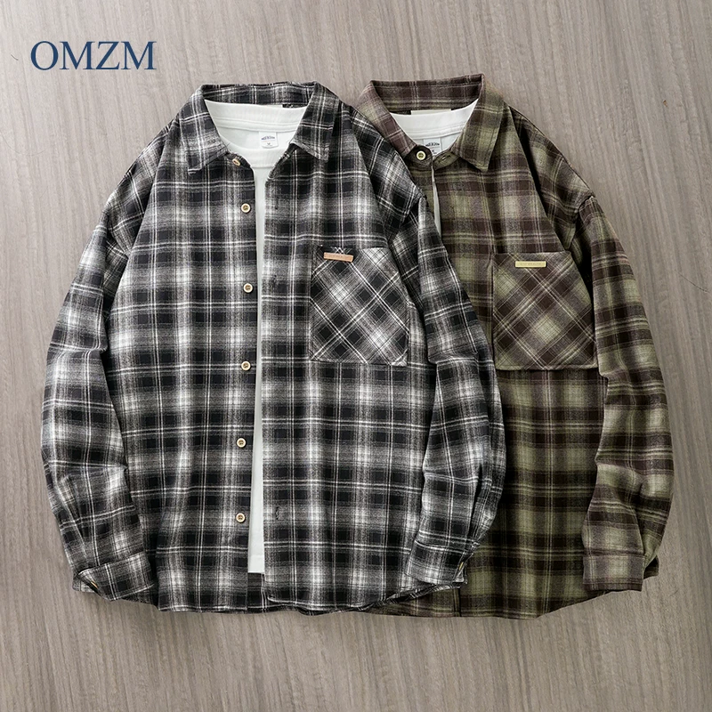 Áo khoác sơ mi flannel hạng nặng OMZM dành cho nam, áo sơ mi kẻ sọc ấm áp mùa thu đông, áo sơ mi dài tay cổ điển kiểu Mỹ