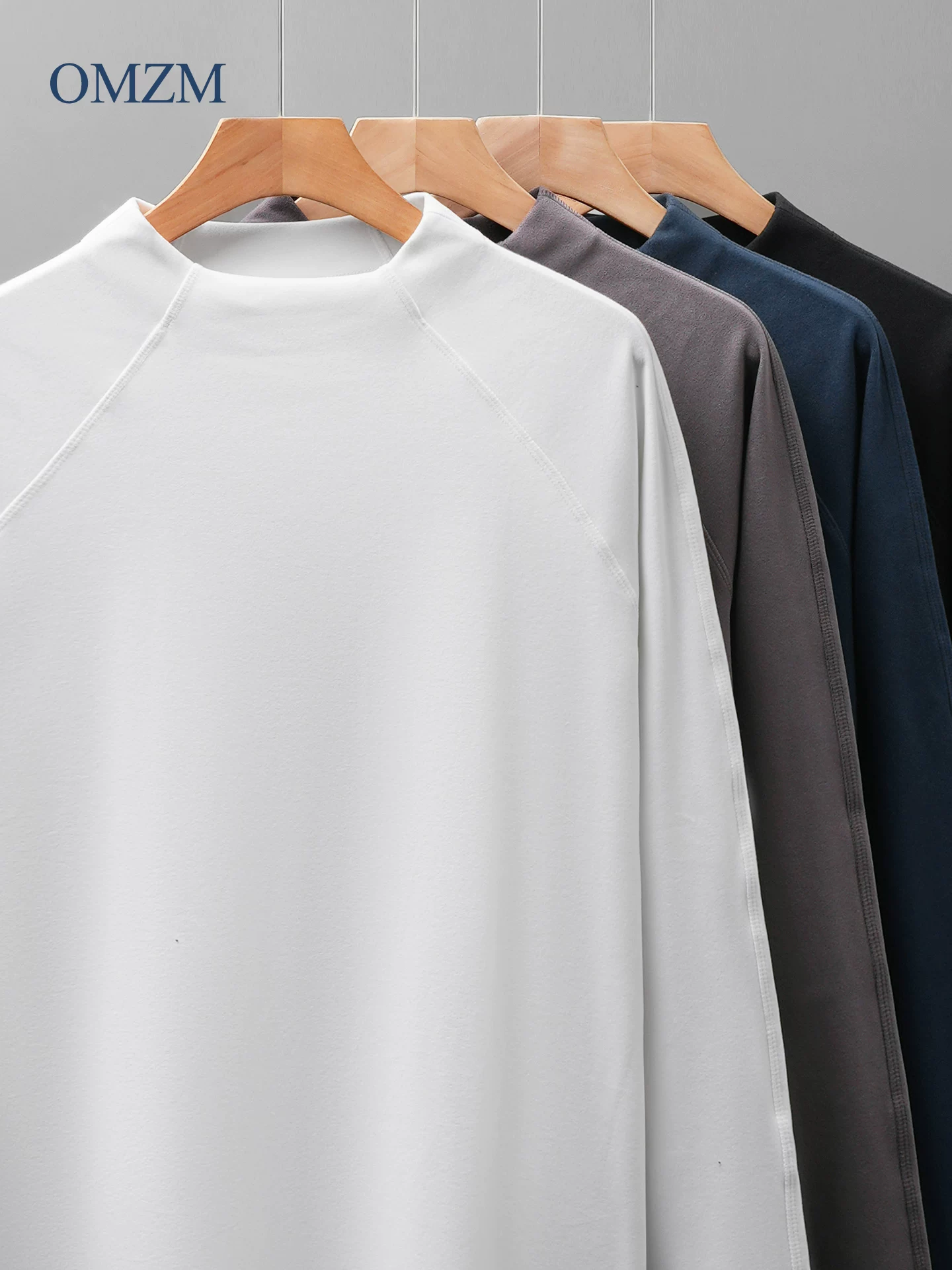 Áo sơ mi lớp lót cổ cao nửa cổ bằng nhung OMZM của Đức dành cho nam và nữ, trang phục bên trong ấm áp mùa thu đông, áo thun cổ đứng, áo chui đầu tay raglan rộng rãi.