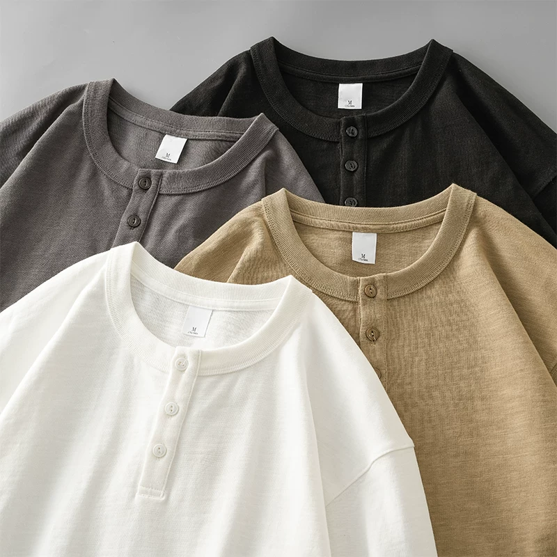 Áo thun cổ trụ Henry 400g dành cho nam, tay dài, kiểu dáng thu đông Mỹ, chất liệu cotton nguyên chất, áo thun trơn màu trắng ba kim.