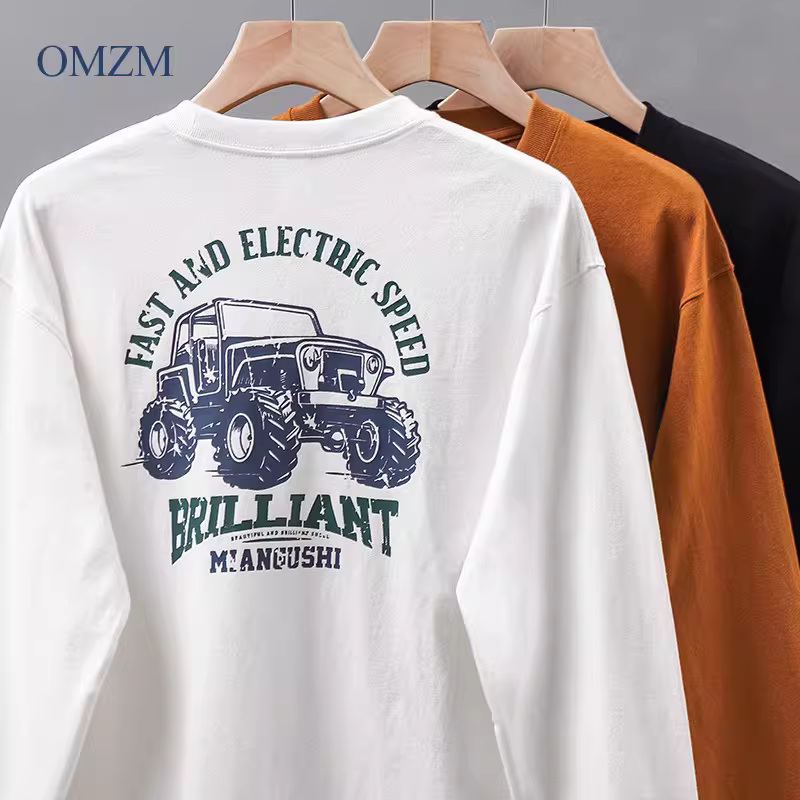 OMZM Áo thun dài tay bằng cotton nguyên chất hạng nặng 320G phong cách Mỹ dành cho nam, áo thun cổ tròn in hình xe địa hình dáng rộng hợp thời trang mùa thu