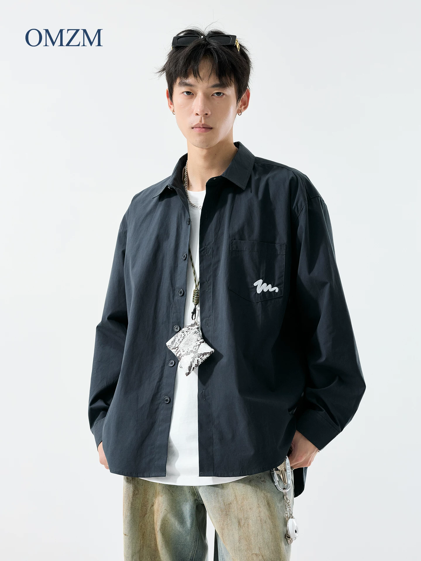 Áo sơ mi cotton nguyên chất hạng nặng OMZM270G dành cho nam, dài tay, mùa thu, cao cấp, áo sơ mi thêu mát mẻ, áo khoác dáng rộng thông thường