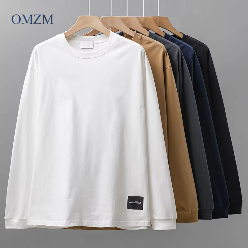 Áo thun dài tay bằng cotton nguyên chất hạng nặng OMZM260g dành cho nam, áo len cổ tròn dáng rộng phong cách Mỹ mùa xuân thu, áo sơ mi màu trơn hợp thời trang