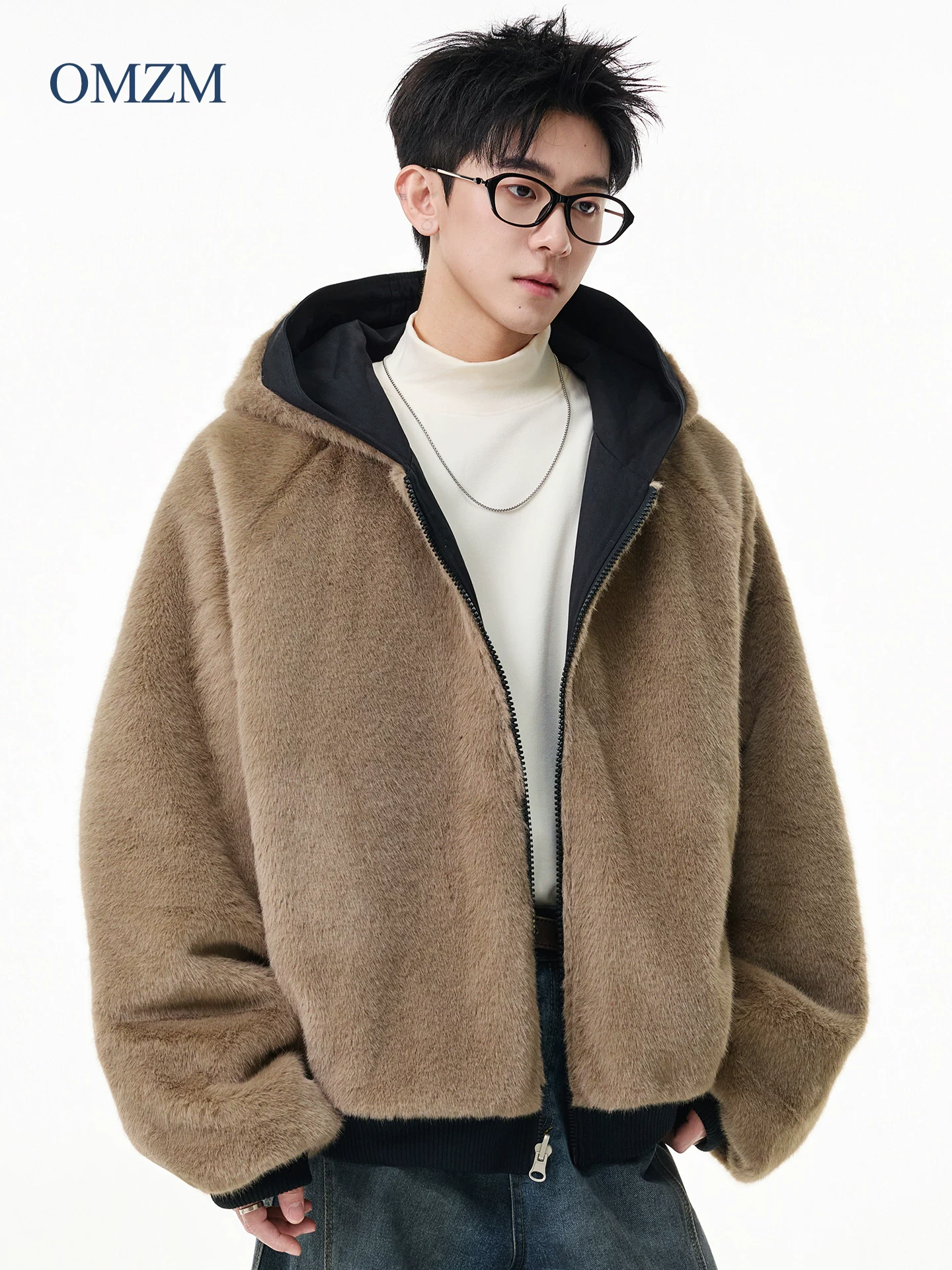 Áo khoác cotton khắc núi có thể đảo ngược OMZM dành cho nam, lót lông cừu mùa đông, dày dặn, áo khoác cotton ấm áp có mũ và cổ lông giả chồn.