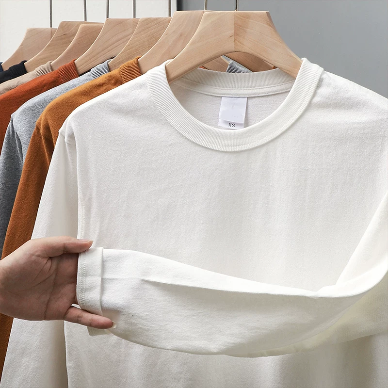 Áo thun dài tay hạng nặng ba kim 400G dành cho nam, áo sơ mi cotton nguyên chất màu trơn phong cách Mỹ mùa thu đông, áo nỉ trắng rộng rãi.