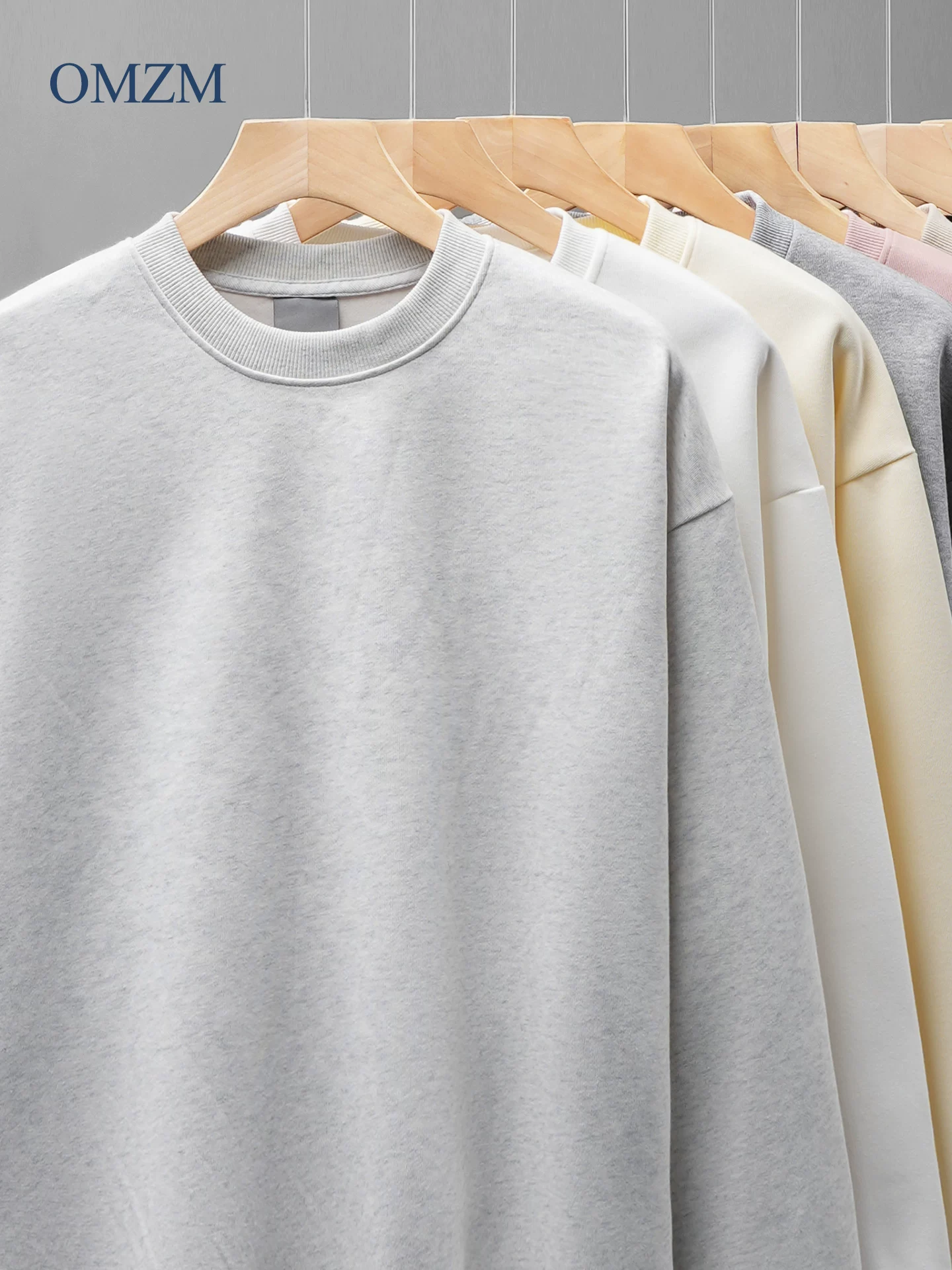 Áo thun cổ tròn hạng nặng OMZM450G dành cho nam, mùa xuân thu, màu trơn, áo sơ mi đơn giản, áo chui đầu dáng rộng, tay dài