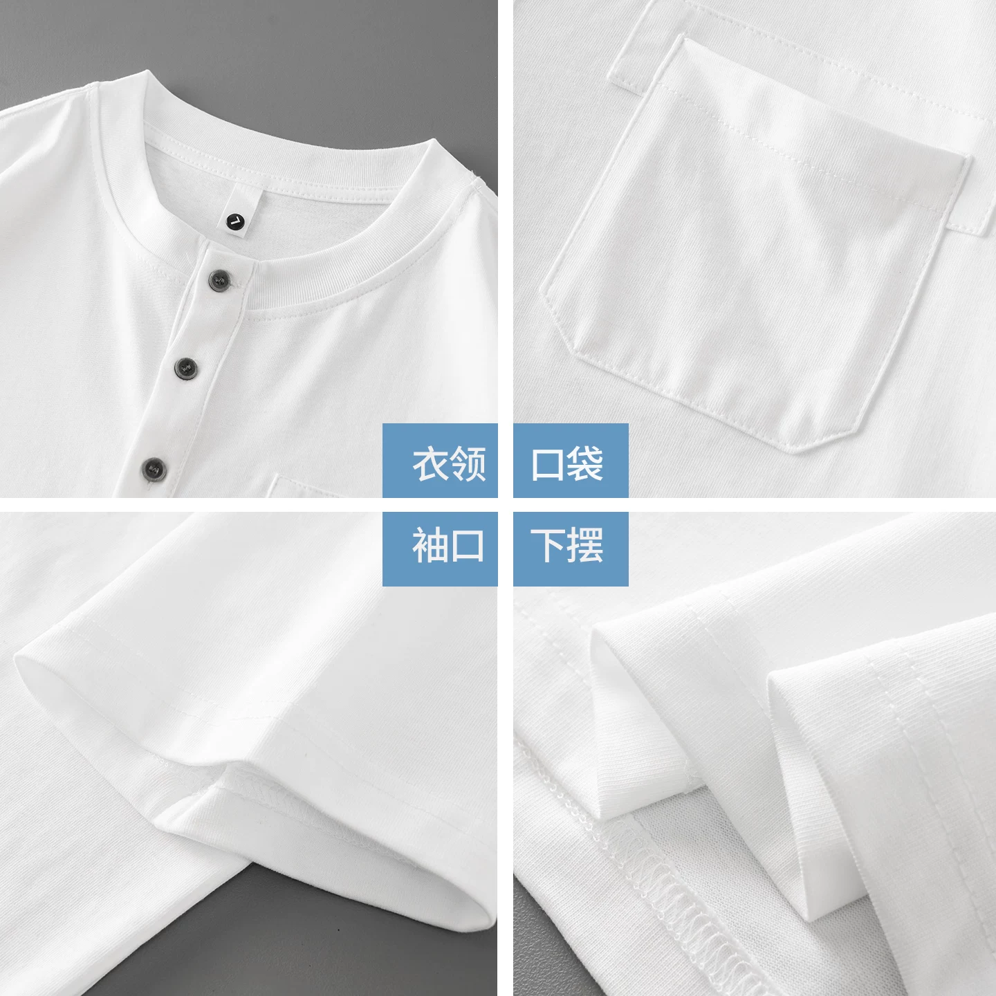 Áo thun cổ henley nam OMZM250G chất liệu cotton nguyên chất, tay ngắn, mùa hè, phong cách retro Mỹ, màu trắng tinh khiết.