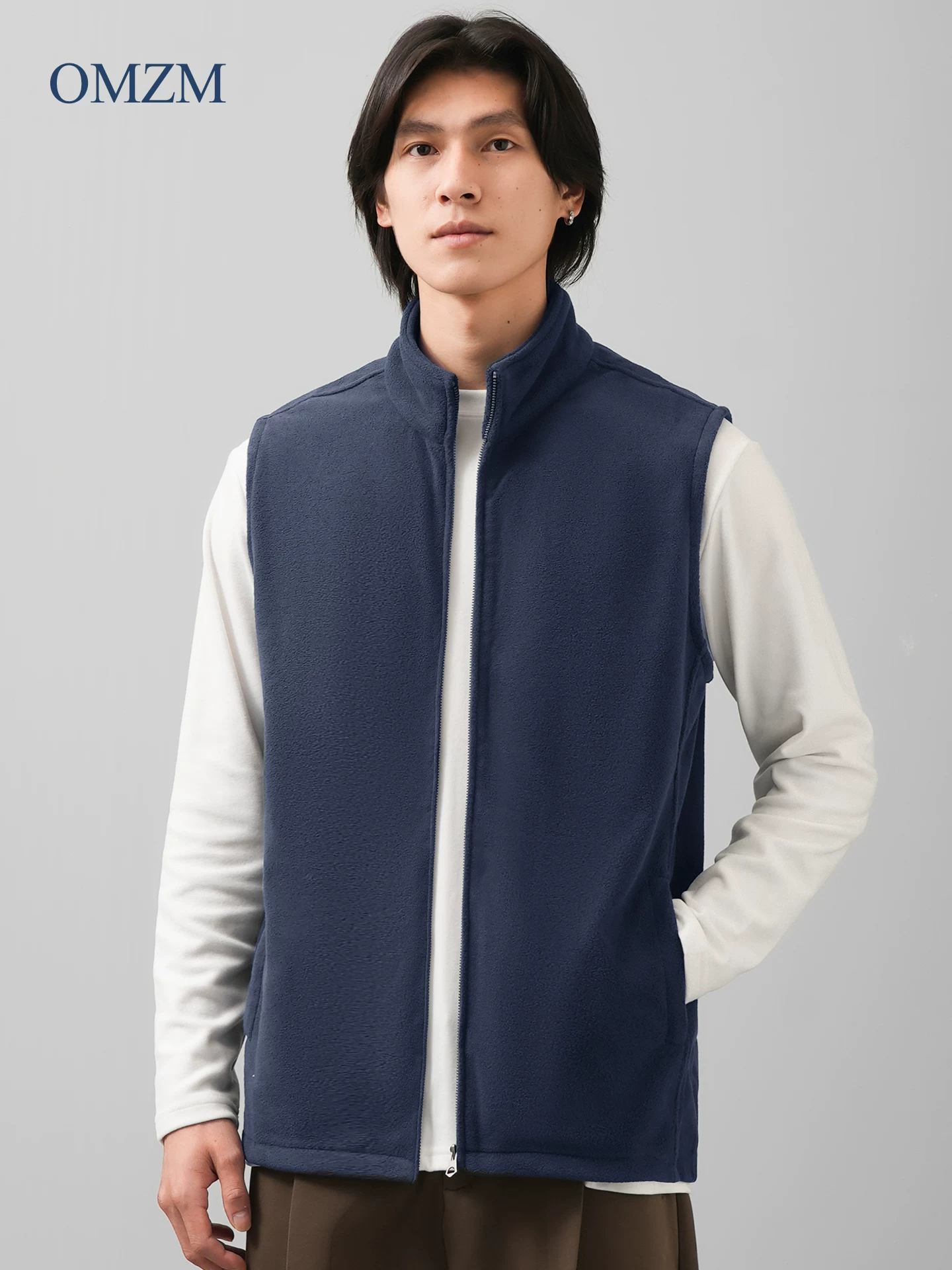 Áo vest nỉ hạng nặng OMZM320G dành cho nam, áo vest nỉ giữ ấm mùa thu đông, áo khoác vest cổ đứng rộng rãi