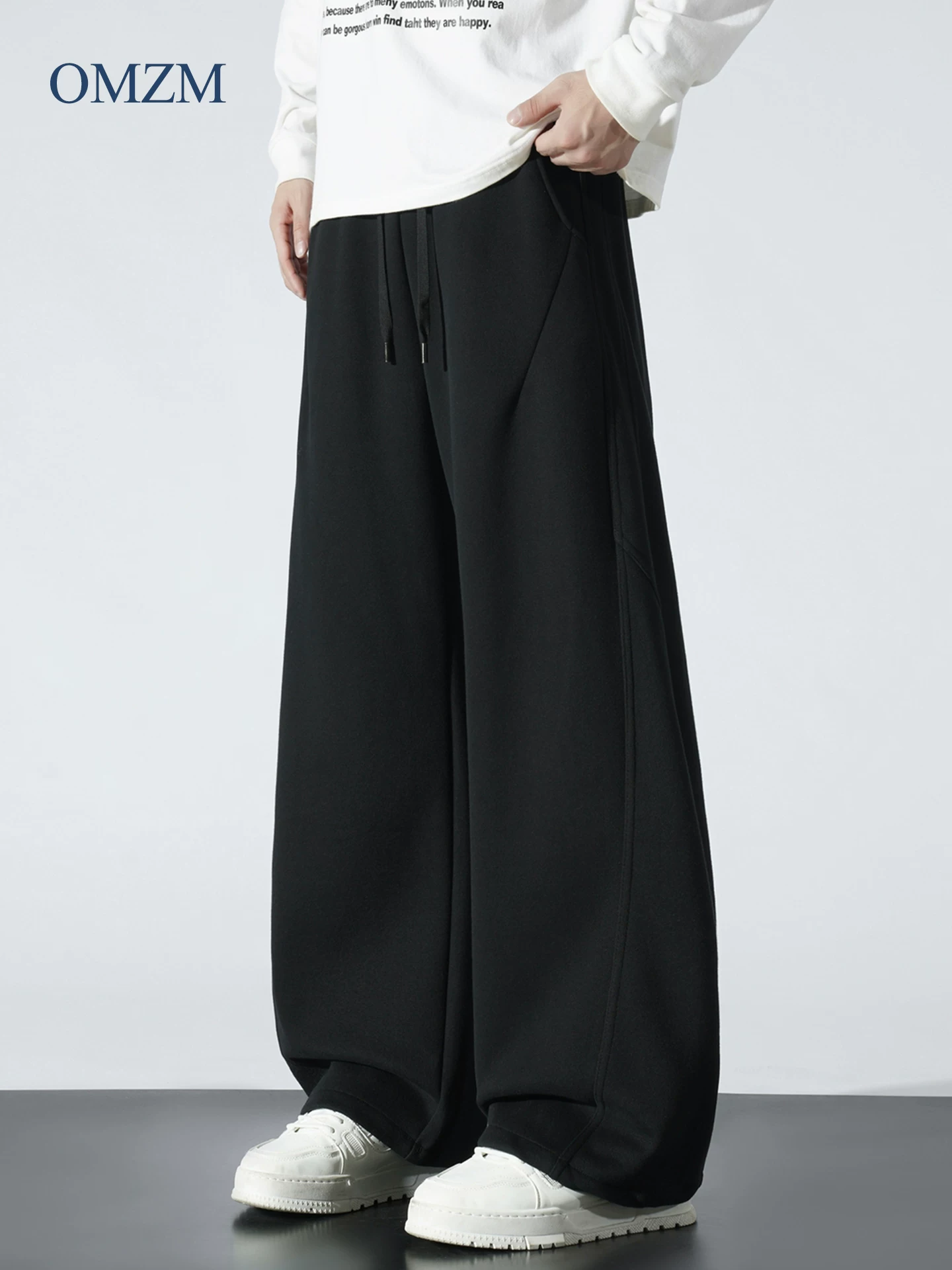 Quần thể thao kiểu Mỹ OMZM dành cho nam, quần thường ngày dày dặn ấm áp mùa đông, quần ống rộng màu trơn kiểu dáng đơn giản.