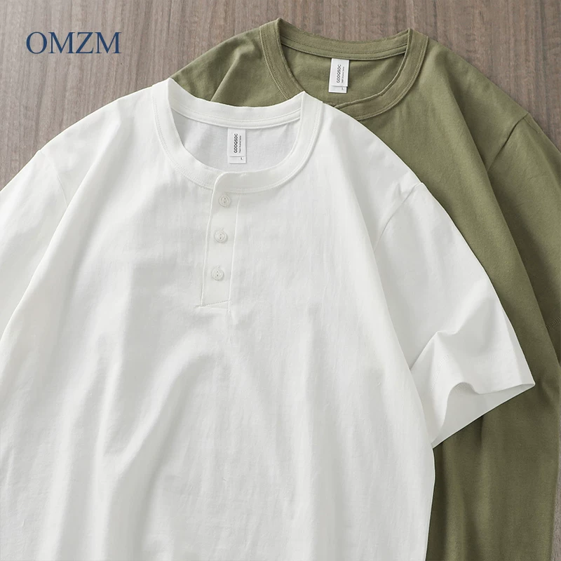 OMZM phong cách Mỹ 280g áo sơ mi henley hạng nặng áo thun ngắn tay nam mùa hè retro chàng trai cứng rắn nguyên chất cotton nguyên chất màu trắng nửa tay áo