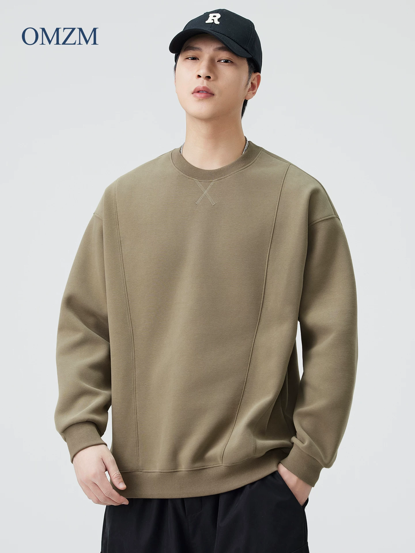 Áo nỉ cổ tròn hạng nặng OMZM380G dành cho nam, thiết kế mùa thu với kiểu ghép mảnh phá cách, áo khoác không mũ rộng rãi.