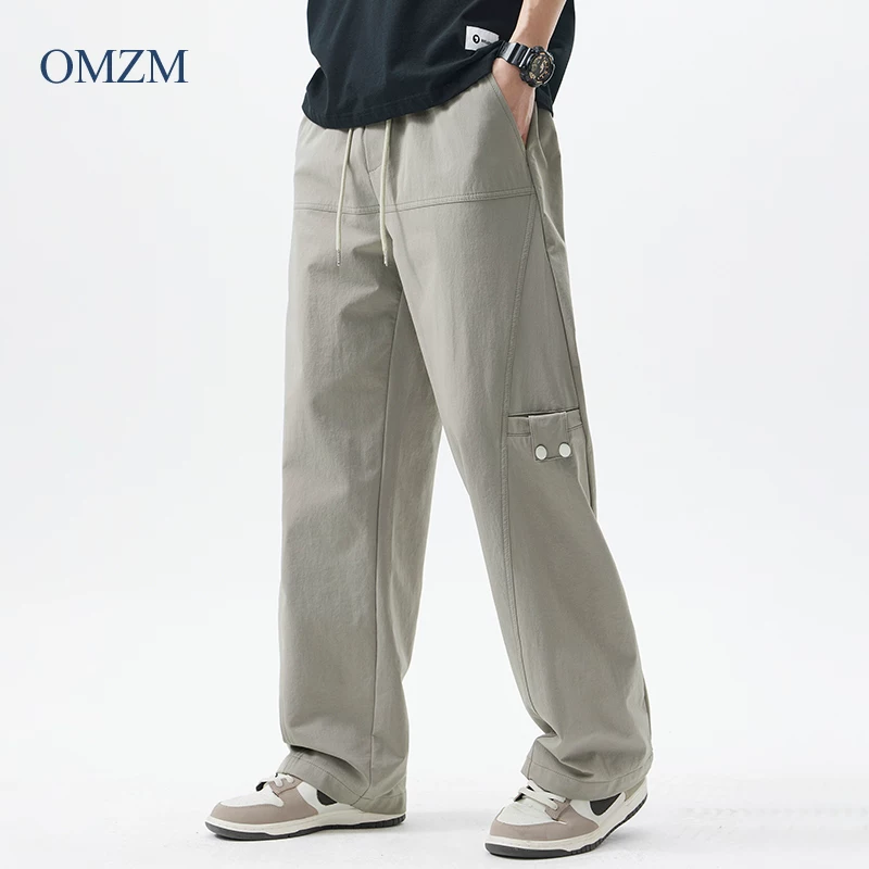 Quần cargo ống thẳng hạng nặng OMZM dành cho nam, quần ống rộng ống thẳng dáng rộng mùa hè, quần lính dù thể thao màu trơn kiểu Mỹ