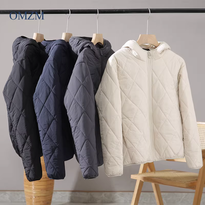 Áo khoác cotton có mũ trùm đầu họa tiết kim cương OMZM dành cho nam, quần áo cotton dày dặn ấm áp mùa đông, lớp lót bên trong màu trơn, áo khoác nhẹ, áo khoác độn bông.