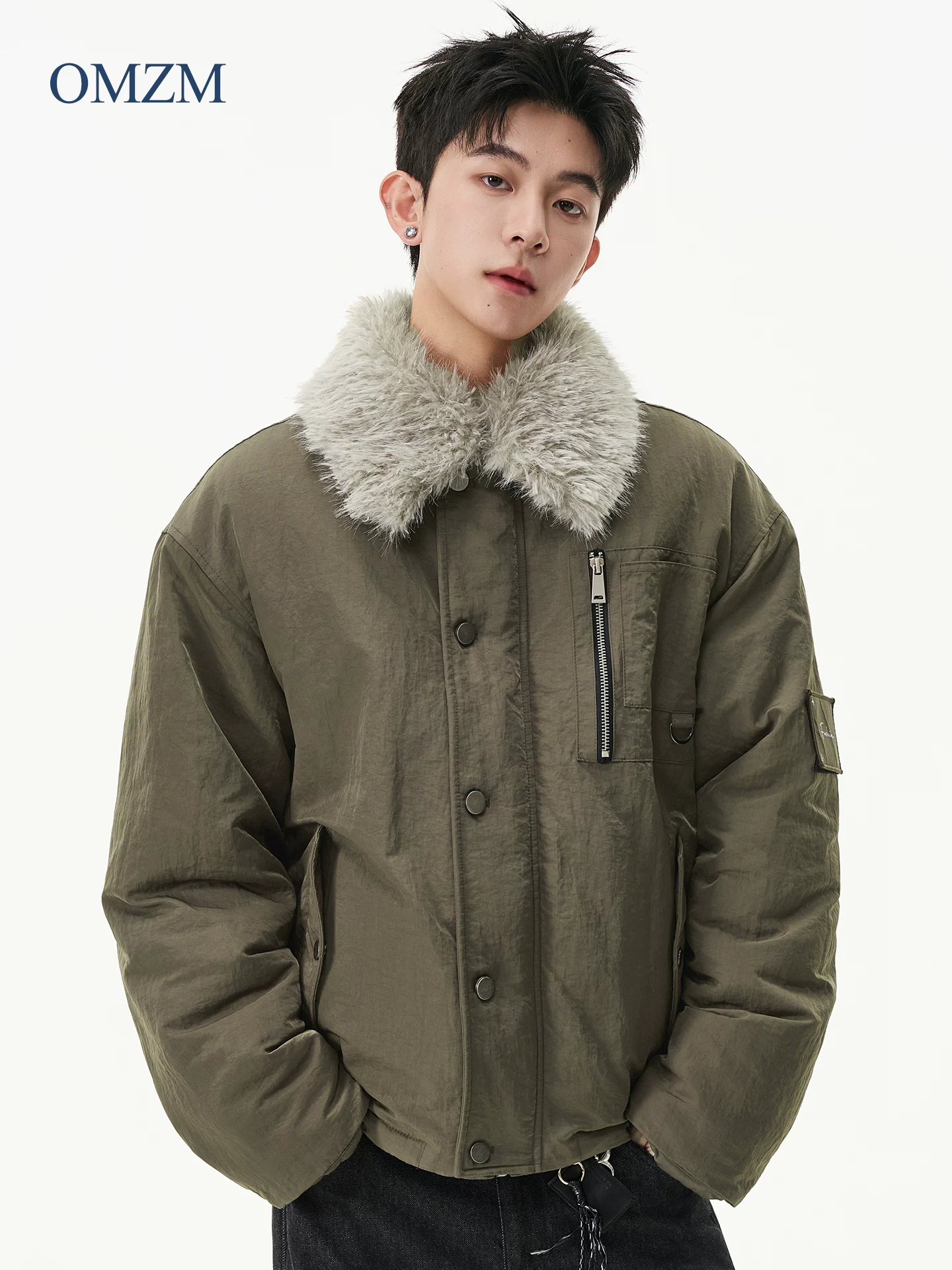 Áo khoác cotton kiểu Mỹ OMZM dành cho nam, áo khoác cotton dày dặn chống nhăn cổ điển mùa đông, dáng rộng có cổ lông.