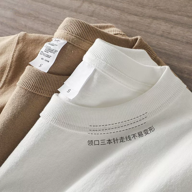 Áo thun nam tay ngắn nặng 400g ba lớp, áo lót mùa đông, áo thun cotton trắng ngoại cỡ kiểu Mỹ.