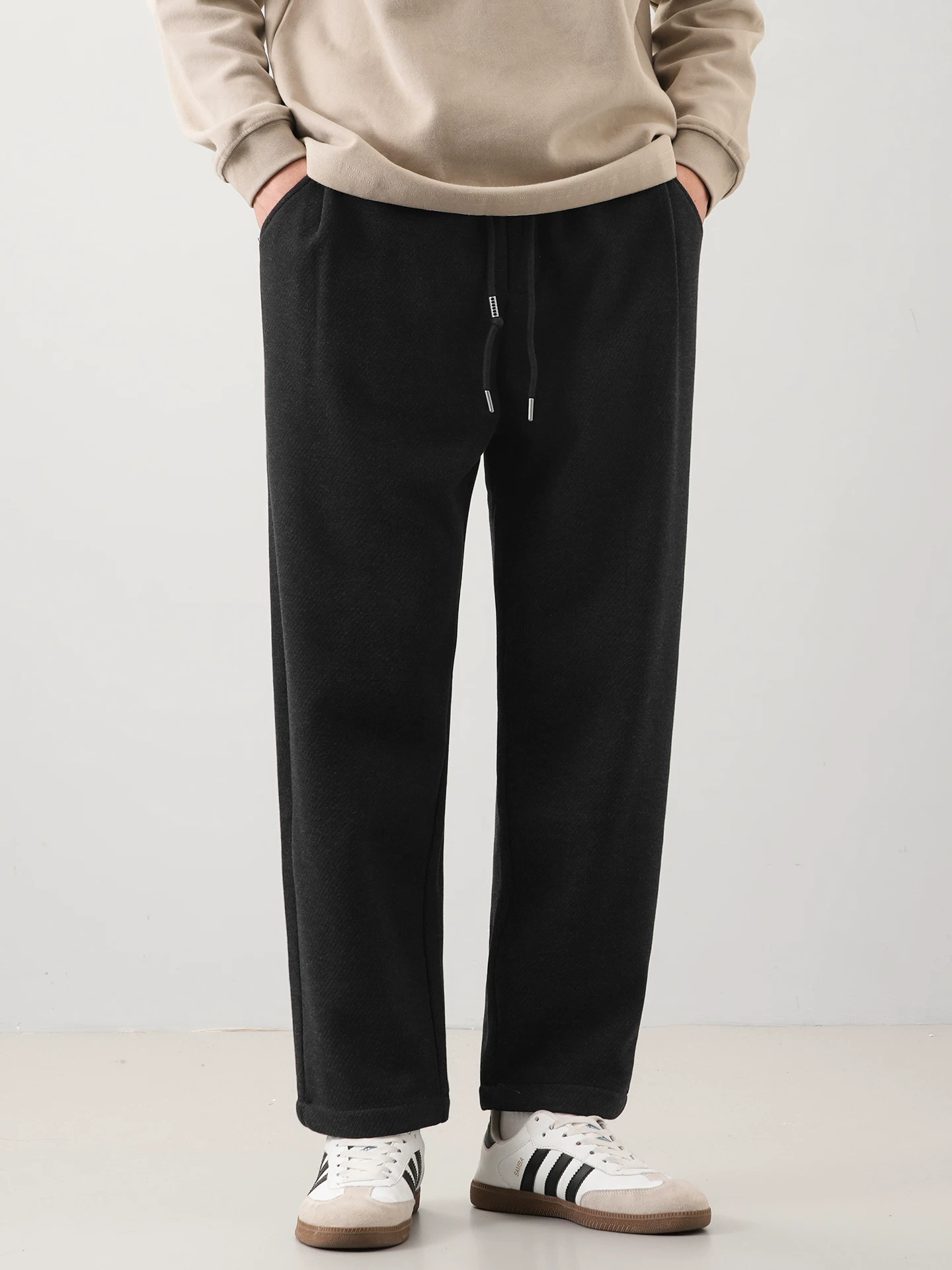 Quần len dày OMZM dành cho nam, phong cách cổ điển mùa đông, lót lông cừu, quần ấm áp thường ngày, quần ống đứng rộng thùng thình