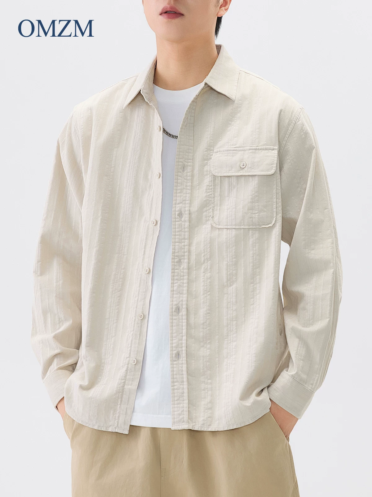 Áo khoác nhung dày OMZM dành cho nam mùa thu đông 2024, áo sơ mi nhung ấm áp, phong cách Mỹ cổ điển, áo khoác rộng rãi kiểu công nhân