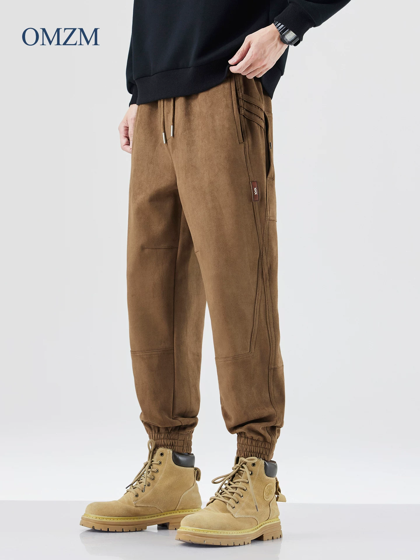 Quần jogger da lộn hạng nặng OMZM dành cho nam, quần dài thường ngày phối màu mùa thu, quần cargo đi bộ đường dài ngoài trời phong cách cổ điển